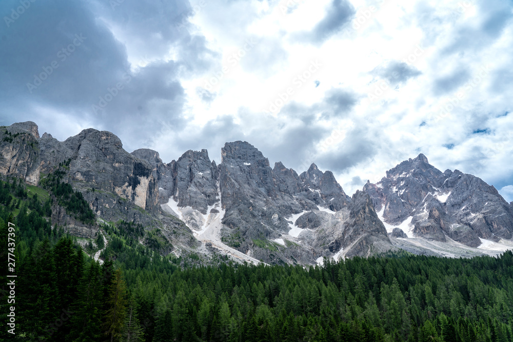 Pale di San Martino range panorama landscape during summer season. Passo Rolle summer landscape - Pale di San Martino range. Trentino Alto Adige. Mountain landscape in summer, Italian Dolomites.