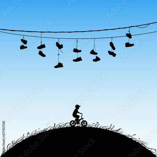 Little boy on bicycle. Vector illustration with silhouette of lonely boy on bike. Shoes hanging on wires. Blue pastel background