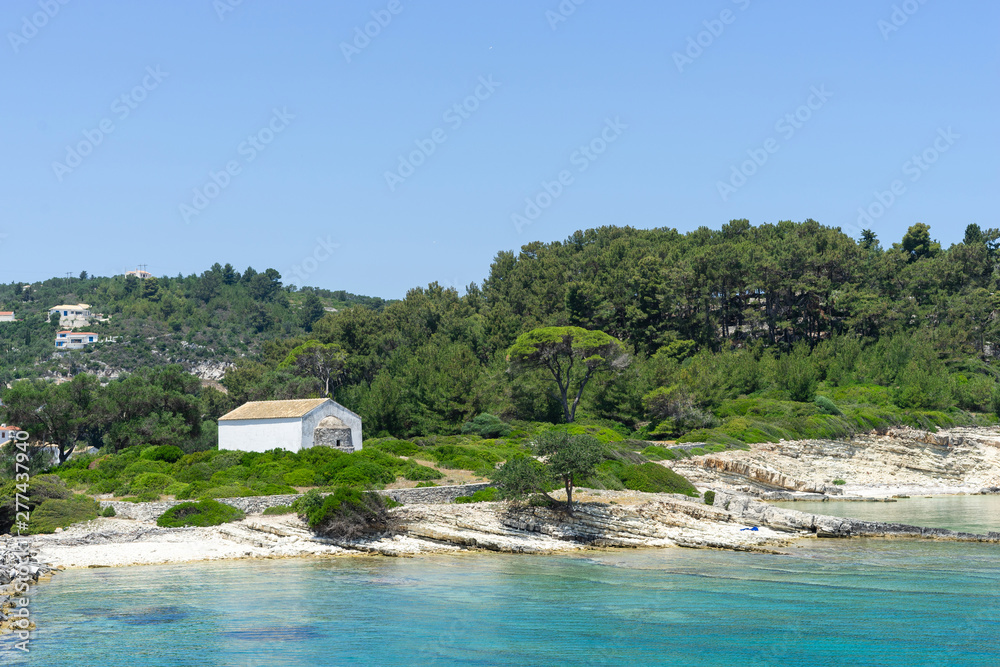 Old church Agios Nicholas on the Paxos island at Gaios town in Greece in a sunny summer day