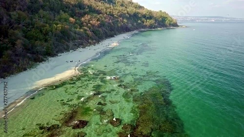 Aerial view of beach and green water
