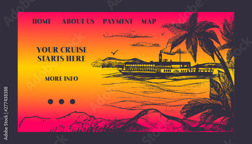 Cruise ship for summer travel vector illustration. Seaway cruiseliner in sea near palm beach. Illustration of sunset vacation and cruise. Cruiser on bright sunset colored background.