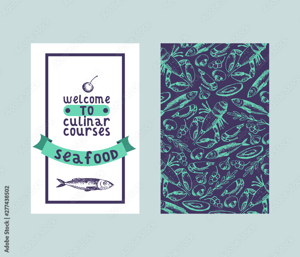 Culinar courses seafood seamless pattern and sketch vector illustration for restaurant menu. Fresh fish, lobster, and crab, oyster with mussel sketches. Vintage sea food background.