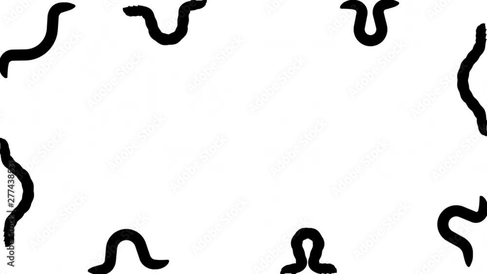 A lot of black silhouettes of caterpillars and worms crawling around the edge of the screen. Seamless loop 3D animation on white background.