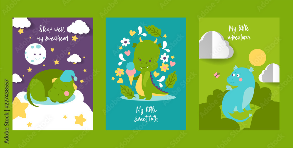 Baby dragon or dinosaur cartoon vector illustrations set. Cute childish dragon characters, baby dinosaur for kids fairytale. Dragon dino sleep with lettering for baby shower invitation.