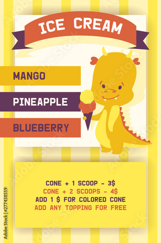 Baby dinosaur with ice cream horn vector illustration on retro yellow background with different sorts of icecream. Dino with pineapple and mango ice-cream poster.