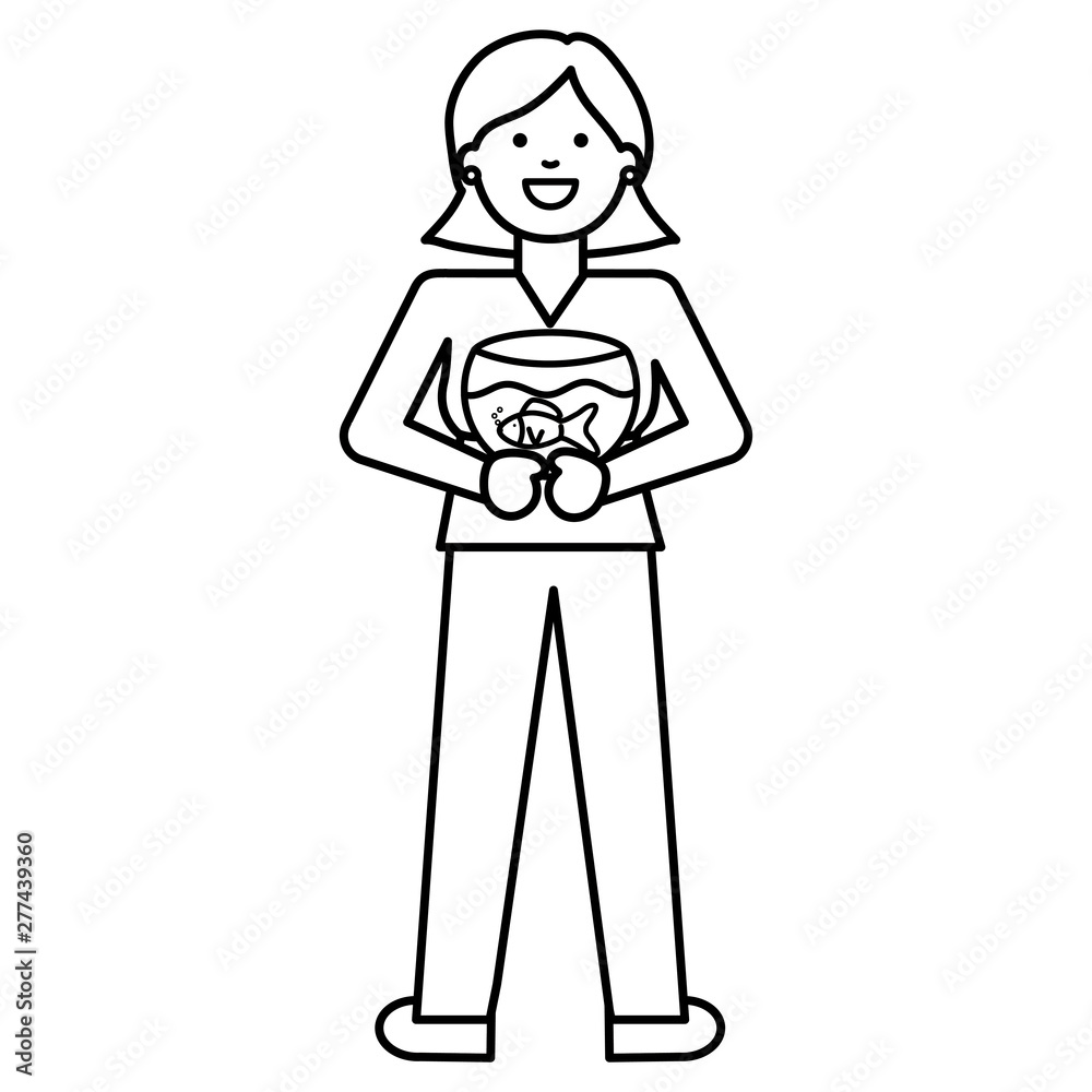 young woman with ornamental fish in aquarium young woman with ornamental fish in aquarium