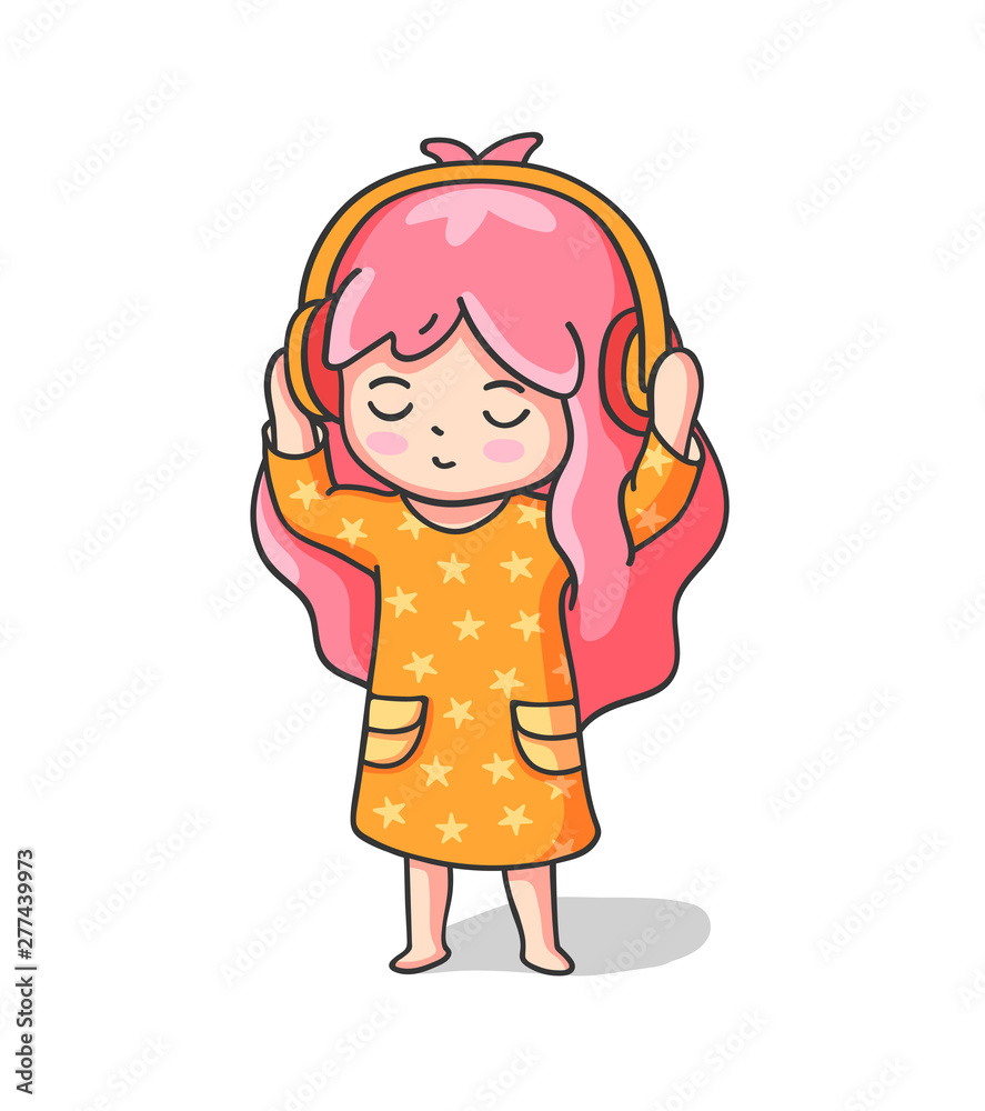 Girl listening to music with eyes closed. Cute cartoon character for emoji, sticker, pin, patch, badge. Vector illustration.