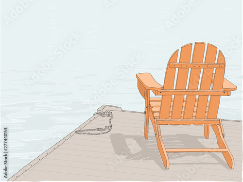 Hand drawn illustration. An Adirondack chair sitting on a dock by a lake. Concept of a peaceful, relaxing vacation.