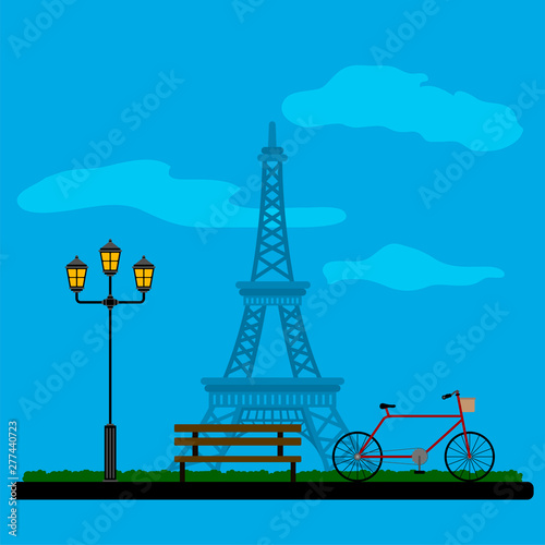 Colored french landscape with the Eiffel tower - Vector