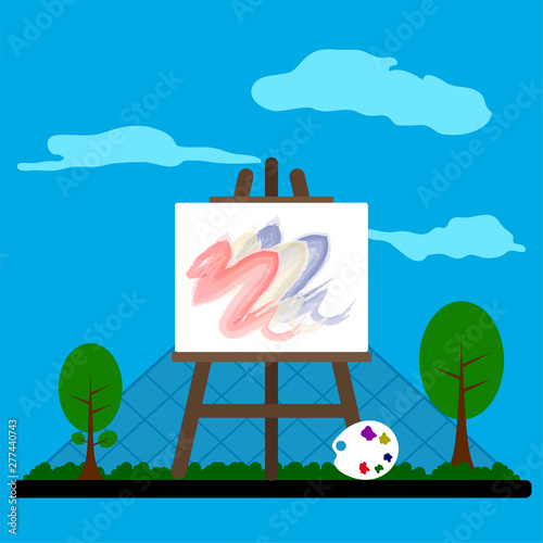 Colored french landscape with the louvre museum and an art canva - Vector