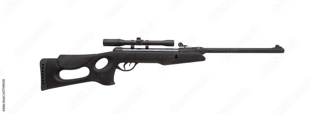 Air rifle with a telescopic sight isolate on a white background. Pneumatic gun. Sports air rifle for accurate aiming shooting.