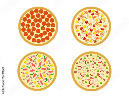 Top view, Set of italian pizza on white, vector