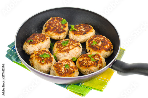 Pan with fried meat patties on white plate
