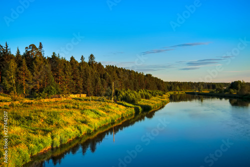 Summer landscape river with reflecting trees against the backdrop of forests and mountains.