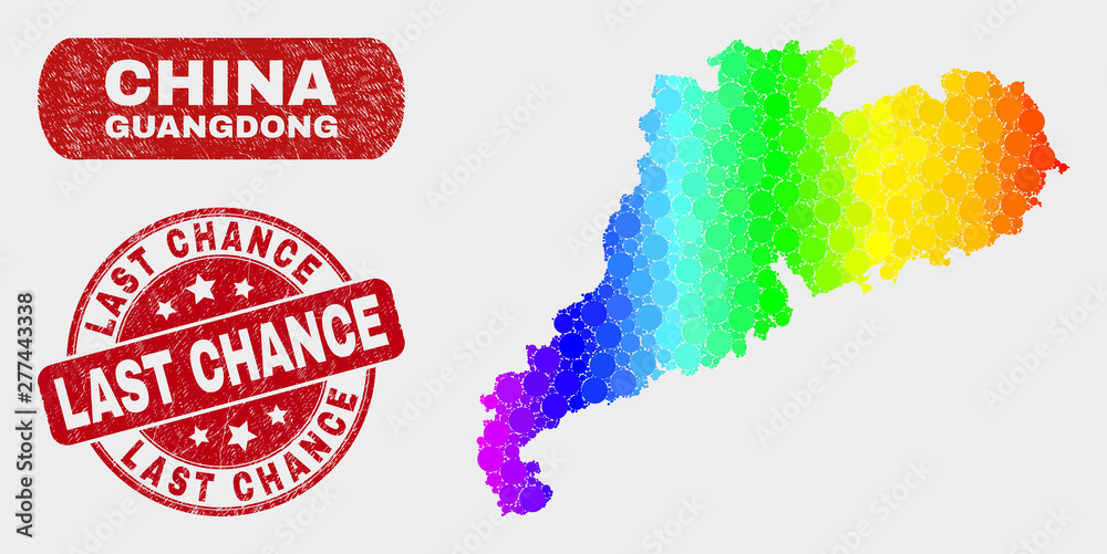 Spectrum dot Guangdong Province map and seals. Red rounded Last Chance distress seal. Gradient spectrum Guangdong Province map mosaic of randomized round dots.