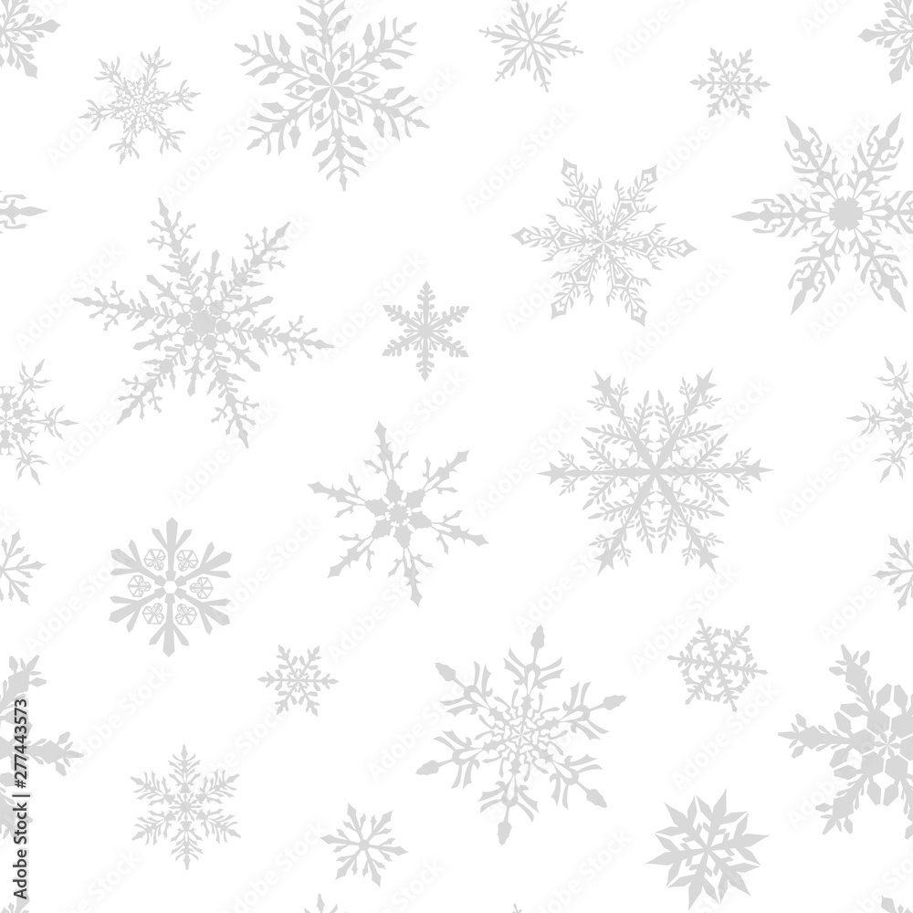 Christmas seamless pattern of complex big and small snowflakes in gray colors on white background Christmas seamless pattern of complex big and small snowflakes in gray colors on white background