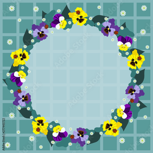 Round frame of pansies on a checkered background. Vector graphics.