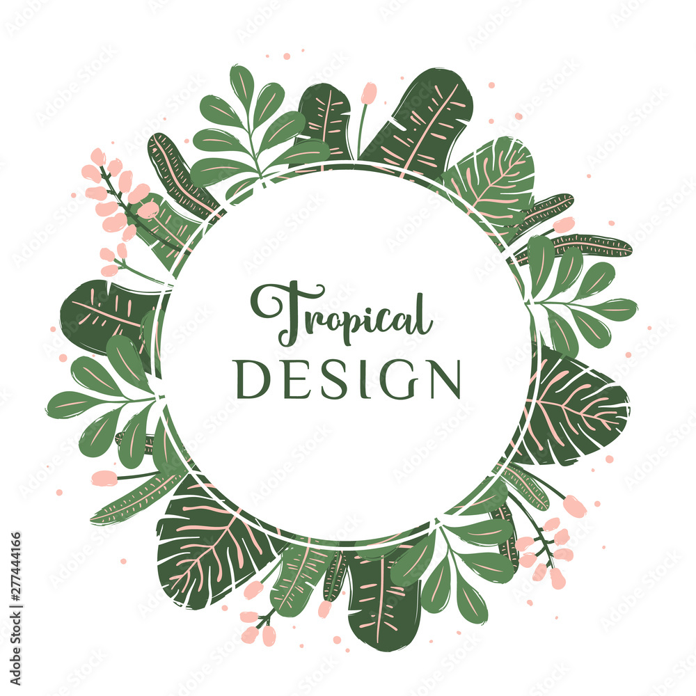 Obraz premium Greeting card with a tropical design. Round frame with leaves and flowers