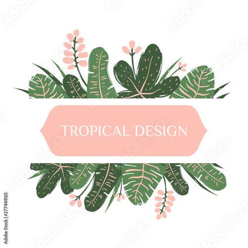 Template for greeting card with tropical leaves and flowers