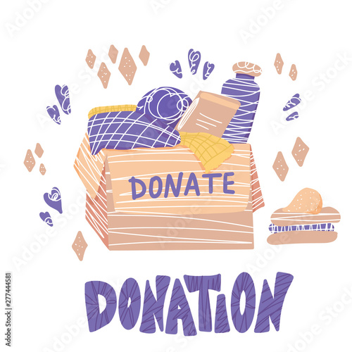 Donation concept. Box with stuff and text.