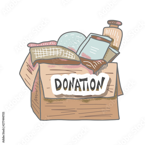 Donation concept. Box with stuff and text.