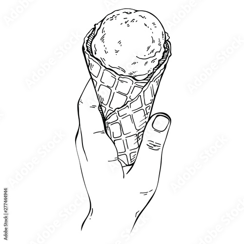 Sketch Woman hand holding an ice cream cone. Ink hand drawn style ice cream waffle