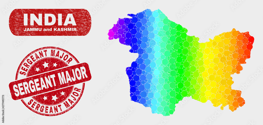 Rainbow colored dotted Jammu and Kashmir State map and rubber prints. Red round Sergeant Major grunge seal. Gradient rainbow colored Jammu and Kashmir State map mosaic of randomized small circles.