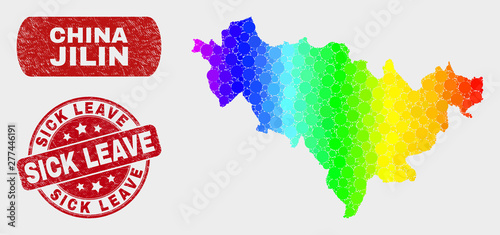 Rainbow colored dot Jilin Province map and stamps. Red round Sick Leave grunge stamp. Gradiented rainbow colored Jilin Province map mosaic of random small circles.