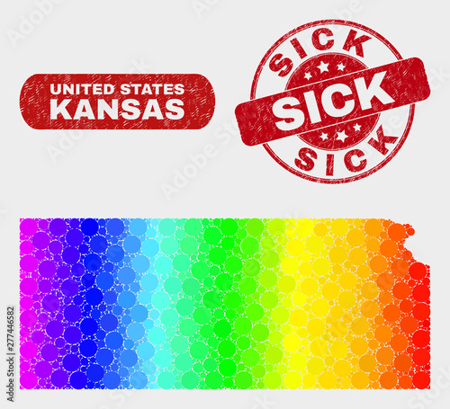 Spectral dotted Kansas State map and watermarks. Red rounded Sick scratched stamp. Gradiented spectral Kansas State map mosaic of scattered spheric dots. Sick stamp with dirty texture.