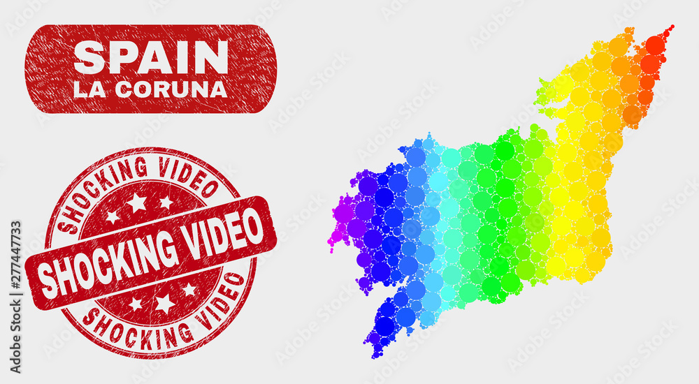 Rainbow colored dot La Coruna Province map and seals. Red rounded Shocking Video grunge seal stamp. Gradiented rainbow colored La Coruna Province map mosaic of scattered circle dots.