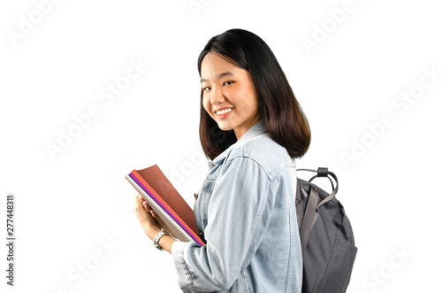 An Asian young student lady with the white background