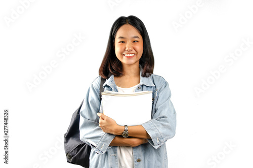 An Asian young student lady with the white background