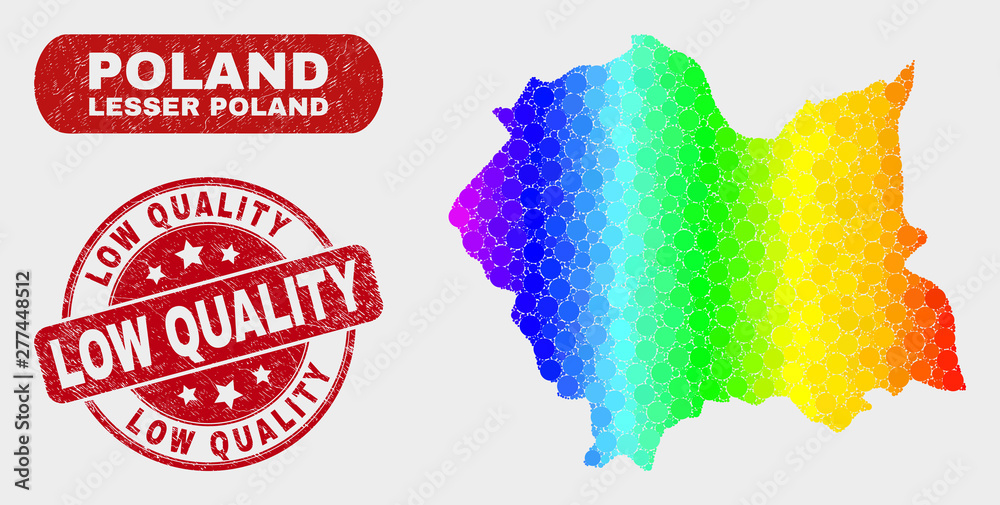 Rainbow colored dot Lesser Poland Voivodeship map and seal stamps. Red round Low Quality grunge seal stamp. Gradient rainbow colored Lesser Poland Voivodeship map mosaic of scattered round dots.