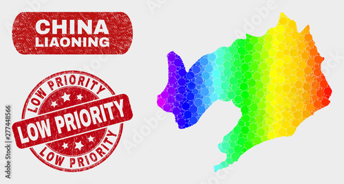 Spectrum dot Liaoning Province map and seals. Red round Low Priority scratched seal stamp. Gradient spectrum Liaoning Province map mosaic of randomized circle dots.