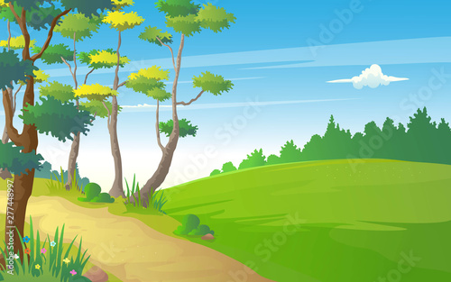 Illustration of hills path way in tranquil view of nature.