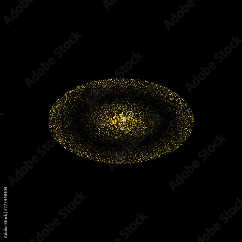 Glitter luxury round golden on black background. Gold glitter circle, round and diamond particles. Template with glitter for logo, greetind card, certificate, gift voucher and covers.