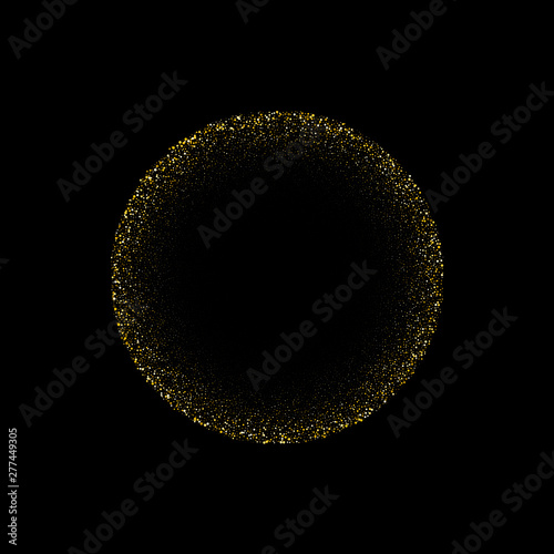 Glitter luxury round golden on black background. Gold glitter circle, round and diamond particles. Template with glitter for logo, greetind card, certificate, gift voucher and covers.