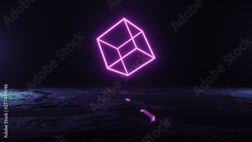 Futuristic Sci-Fi Abstract Blue And Purple Neon Light Shapes On Black Background And Reflective Surface With Empty Space For Text 3D Rendering