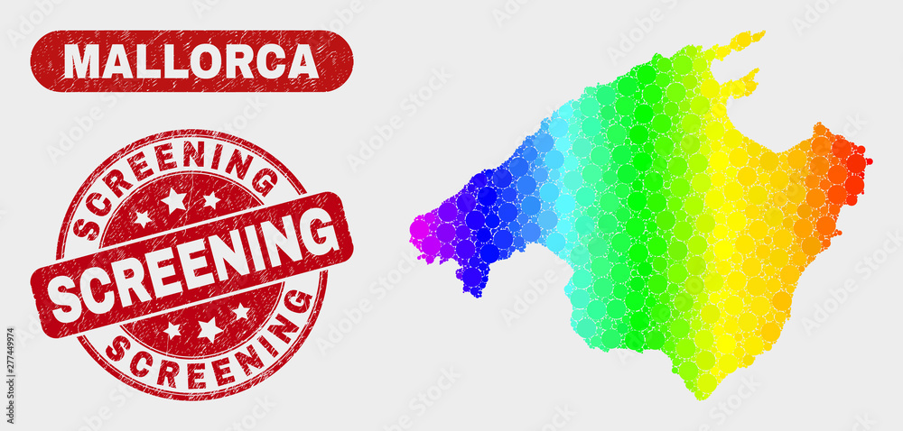 Rainbow colored dotted Mallorca map and watermarks. Red rounded Screening scratched seal stamp. Gradiented rainbow colored Mallorca map mosaic of scattered small circles.