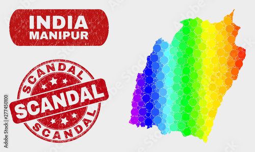 Rainbow colored dot Manipur State map and seals. Red rounded Scandal distress stamp. Gradient rainbow colored Manipur State map mosaic of random circle elements. Scandal seal stamp with dirty surface.