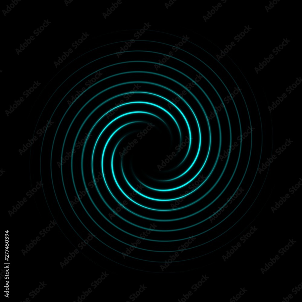 Glowing teal line spiral on black backdrop, abstract background Glowing teal line spiral on black backdrop, abstract background