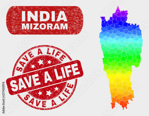 Spectrum dotted Mizoram State map and watermarks. Red round Save a Life textured stamp. Gradient spectrum Mizoram State map mosaic of scattered round elements.