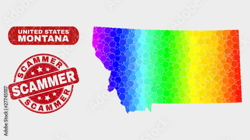 Spectral dot Montana State map and rubber prints. Red round Scammer grunge seal stamp. Gradiented rainbow colored Montana State map mosaic of random round dots. Scammer seal stamp with grunge surface.
