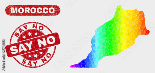 Spectral dotted Morocco map and rubber prints. Red round Say No distress stamp. Gradiented spectral Morocco map mosaic of random circle dots. Say No stamp with dirty texture.