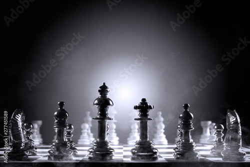 Whole group of white chess piece and black chess piece