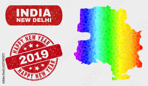 Rainbow colored dotted New Delhi City map and rubber prints. Red rounded Happy New Year 2019 scratched stamp. Gradiented rainbow colored New Delhi City map mosaic of random spheric dots.
