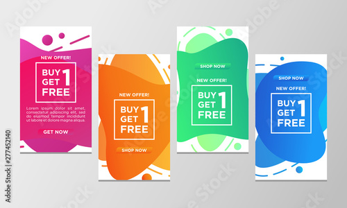 Coupon discount buy one get one free sale banner set. Modern liquid design template colorful special offer. Can use for social media promotion, flyer, web, mobile app and ready to print.