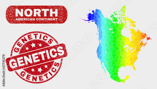 Spectral dot North America v2 map and watermarks. Red round Genetics scratched seal stamp. Gradient spectral North America v2 map mosaic of randomized circle elements.