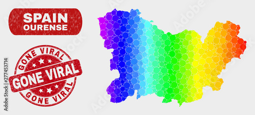 Spectral dotted Ourense Province map and watermarks. Red rounded Gone Viral textured seal. Gradient spectral Ourense Province map mosaic of scattered circle elements.