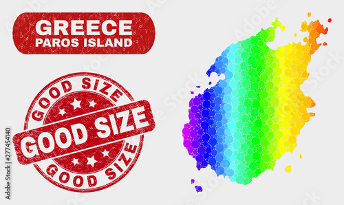 Spectrum dotted Paros Island map and stamps. Red round Good Size distress seal stamp. Gradiented rainbow colored Paros Island map mosaic of scattered spheric dots.